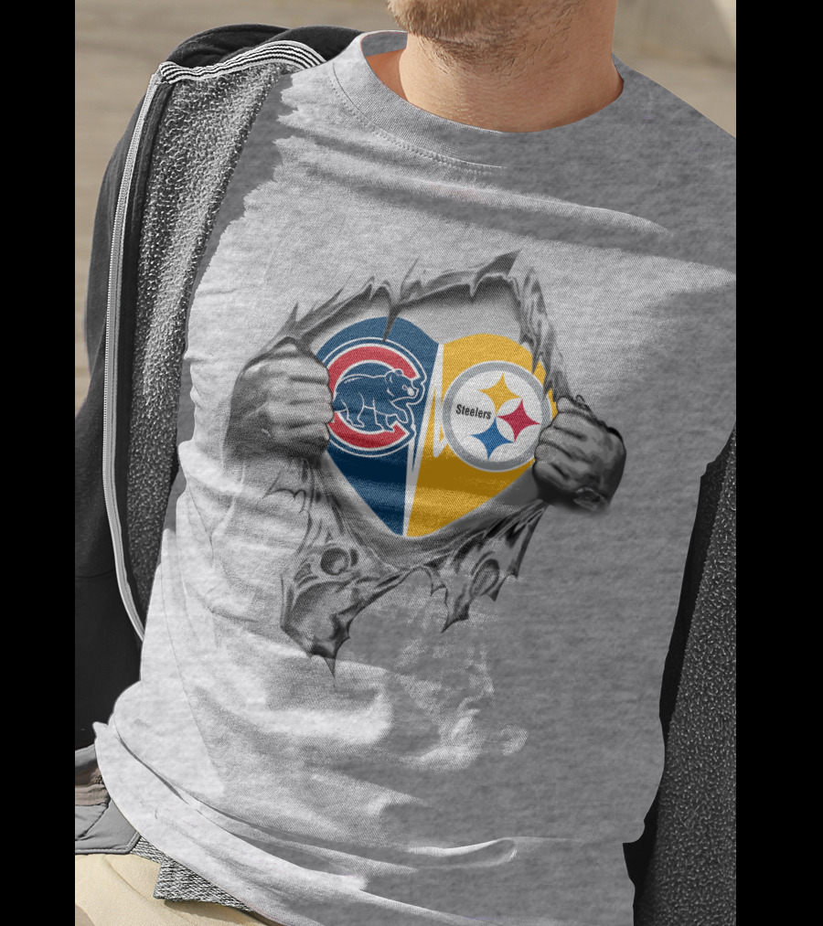 Cubs Steelers Heart Logo Ripped T-Shirt