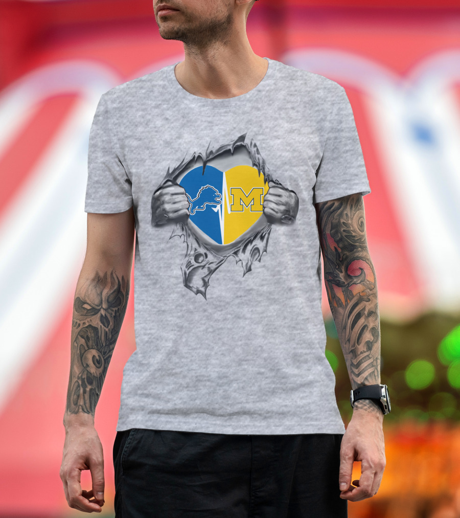 Detroit Lions Michigan Wolverines Heart Blue Yellow Split T-Shirt