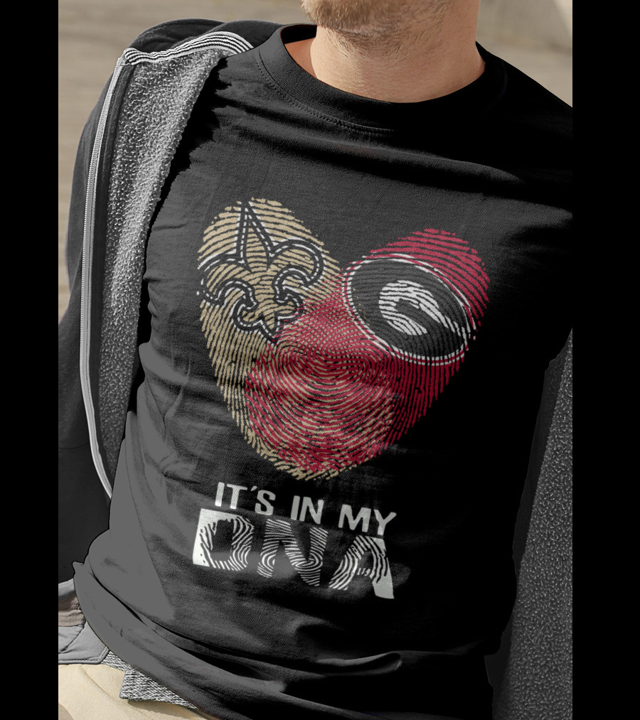 Saints Bulldogs It's In My DNA Fleur-de-Lis And Georgia Logo Fingerprint Heart T-Shirt