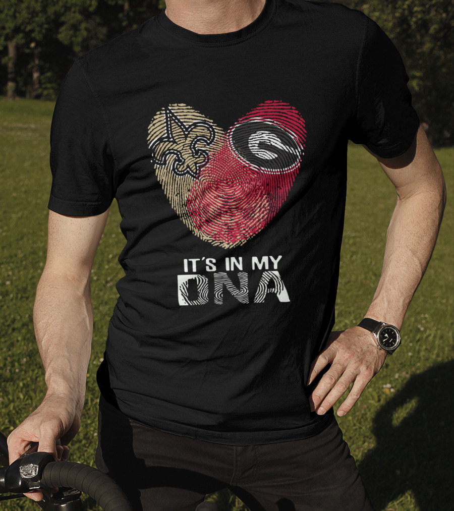 Saints Bulldogs It's In My DNA Fleur-de-Lis And Georgia Logo Fingerprint Heart T-Shirt