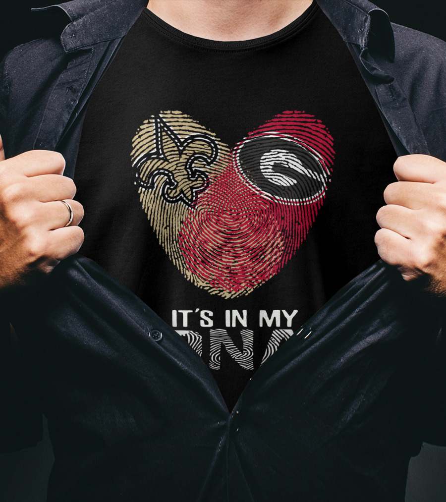 Saints Bulldogs It's In My DNA Fleur-de-Lis And Georgia Logo Fingerprint Heart T-Shirt