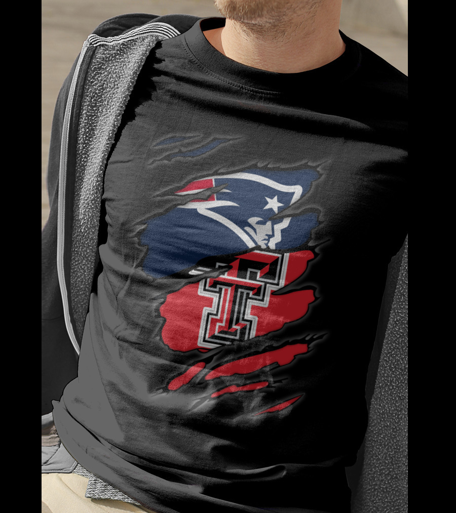 Patriots And Texas Tech Dual Logo Ripped T-Shirt