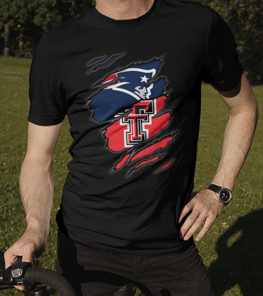Patriots And Texas Tech Dual Logo Ripped T-Shirt