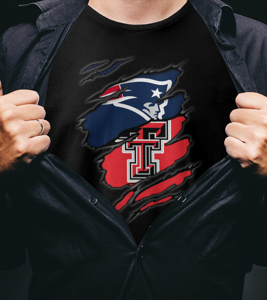 Patriots And Texas Tech Dual Logo Ripped T-Shirt