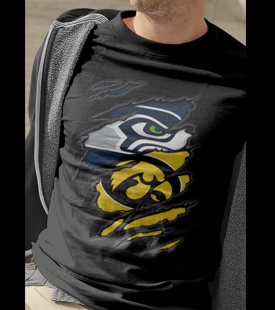 Seahawks And Iowa Hawkeyes Logos In Torn Ripped Style T-Shirt