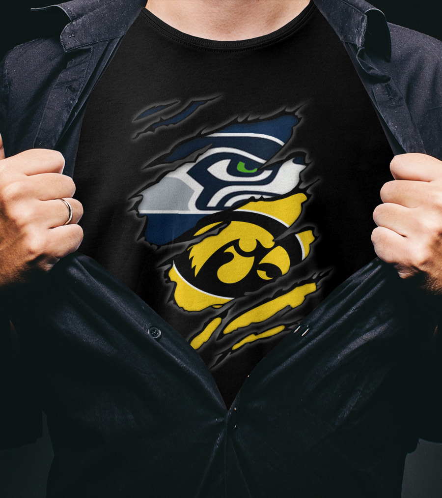 Seahawks And Iowa Hawkeyes Logos In Torn Ripped Style T-Shirt