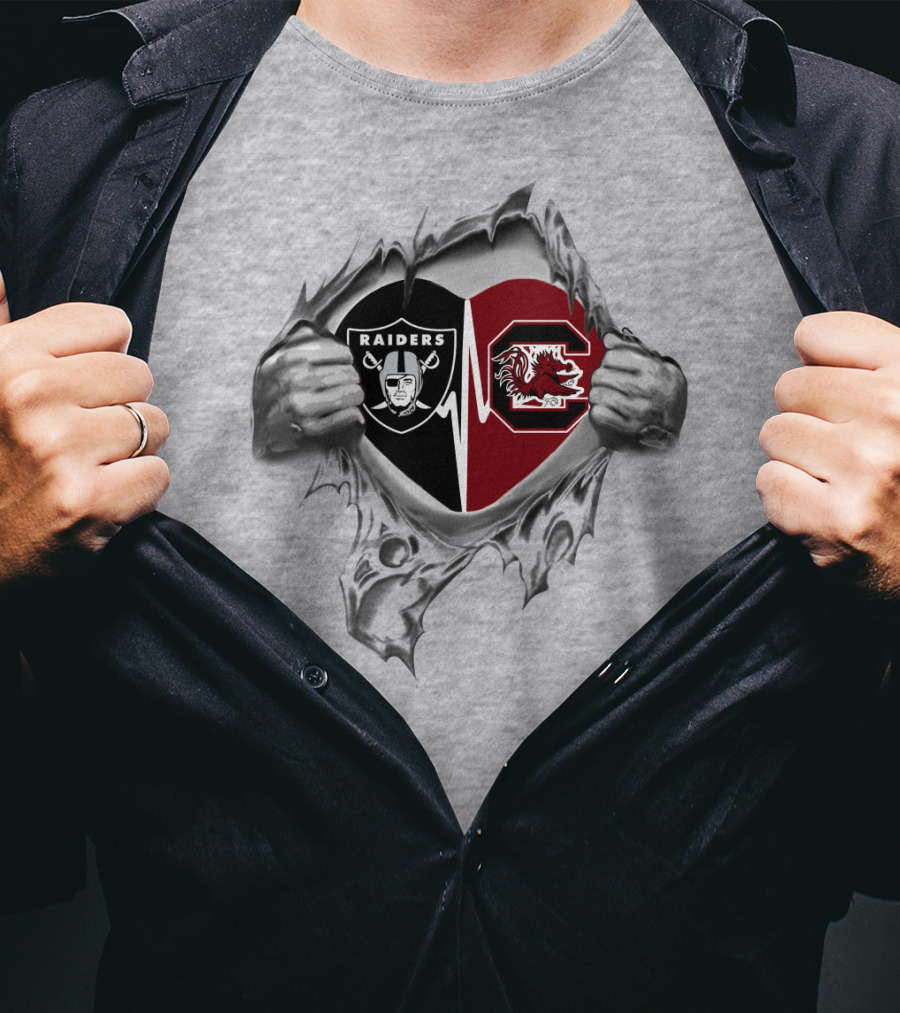 Raiders Gamecocks Heartbeat Loyalty Symbol With Torn Silver Hands T-Shirt