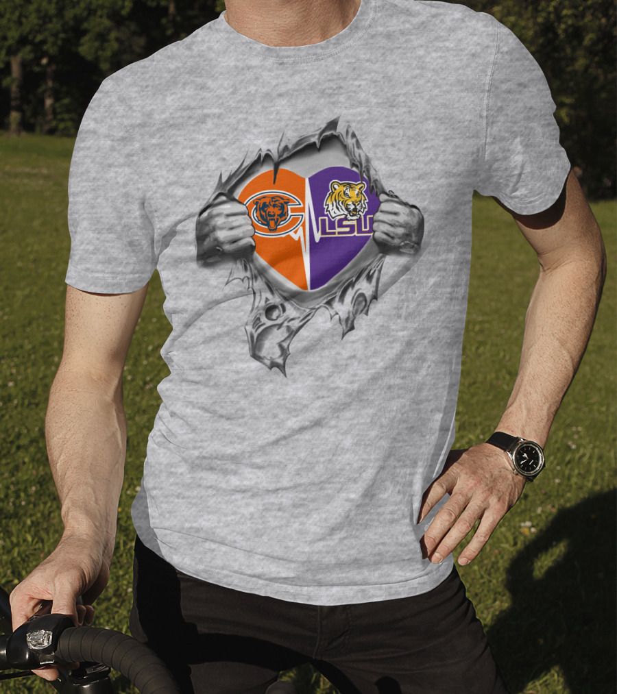 Bears And Lsu Heart Logos Ripped Open T-Shirt