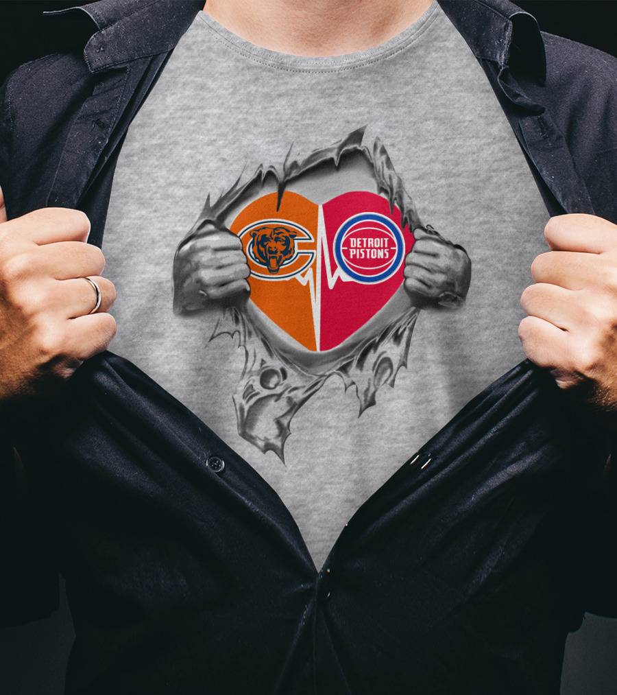Chicago Bears Detroit Pistons Heart Logo Fusion T-Shirt
