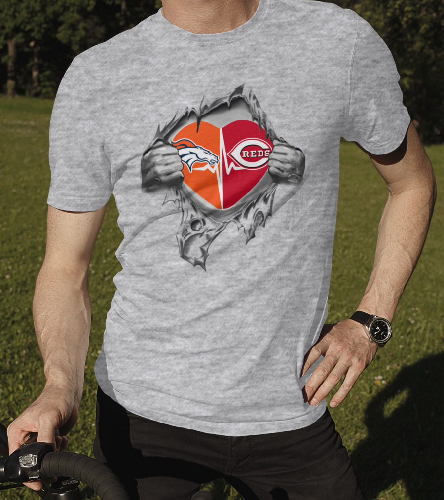 Broncos Reds Heartbeat Passion Football Baseball Iconic Logos T-Shirt
