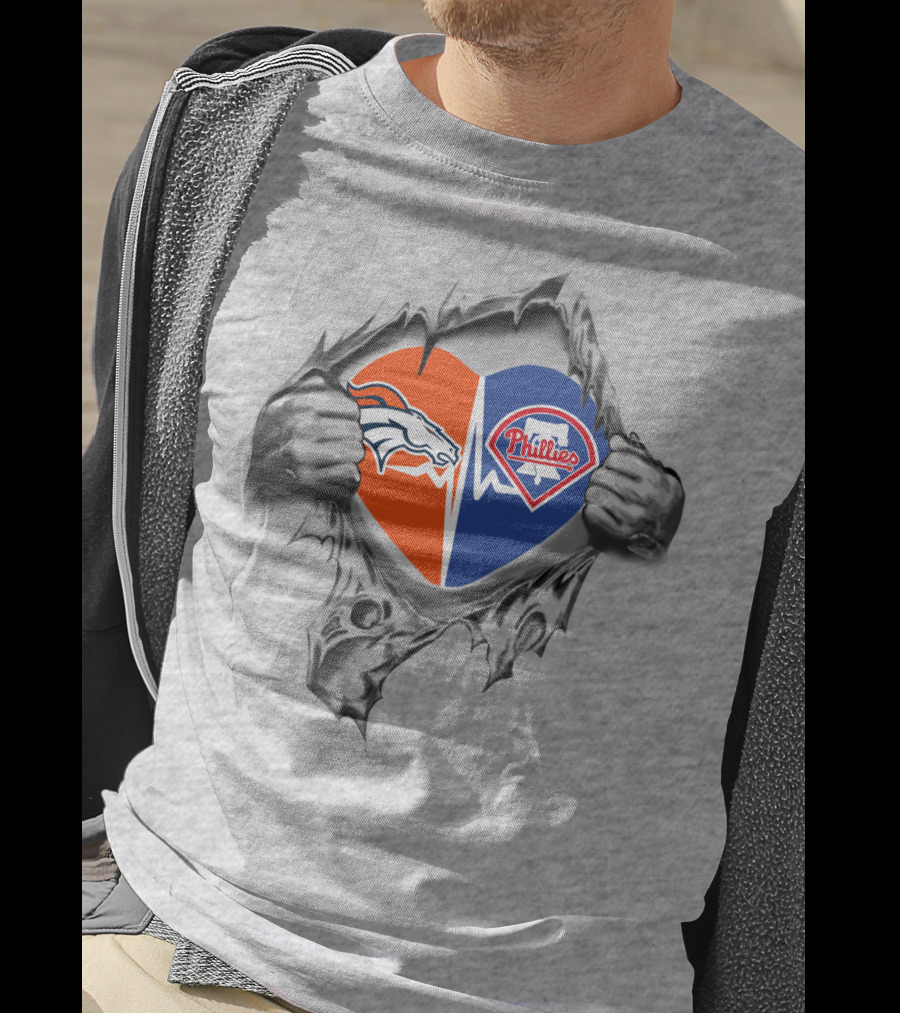 Broncos And Phillies Heart Torn Open By Hands Showing Logos T-Shirt