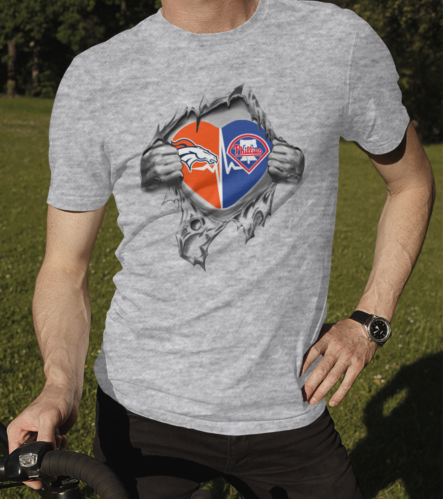 Broncos And Phillies Heart Torn Open By Hands Showing Logos T-Shirt