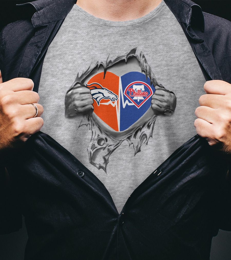 Broncos And Phillies Heart Torn Open By Hands Showing Logos T-Shirt