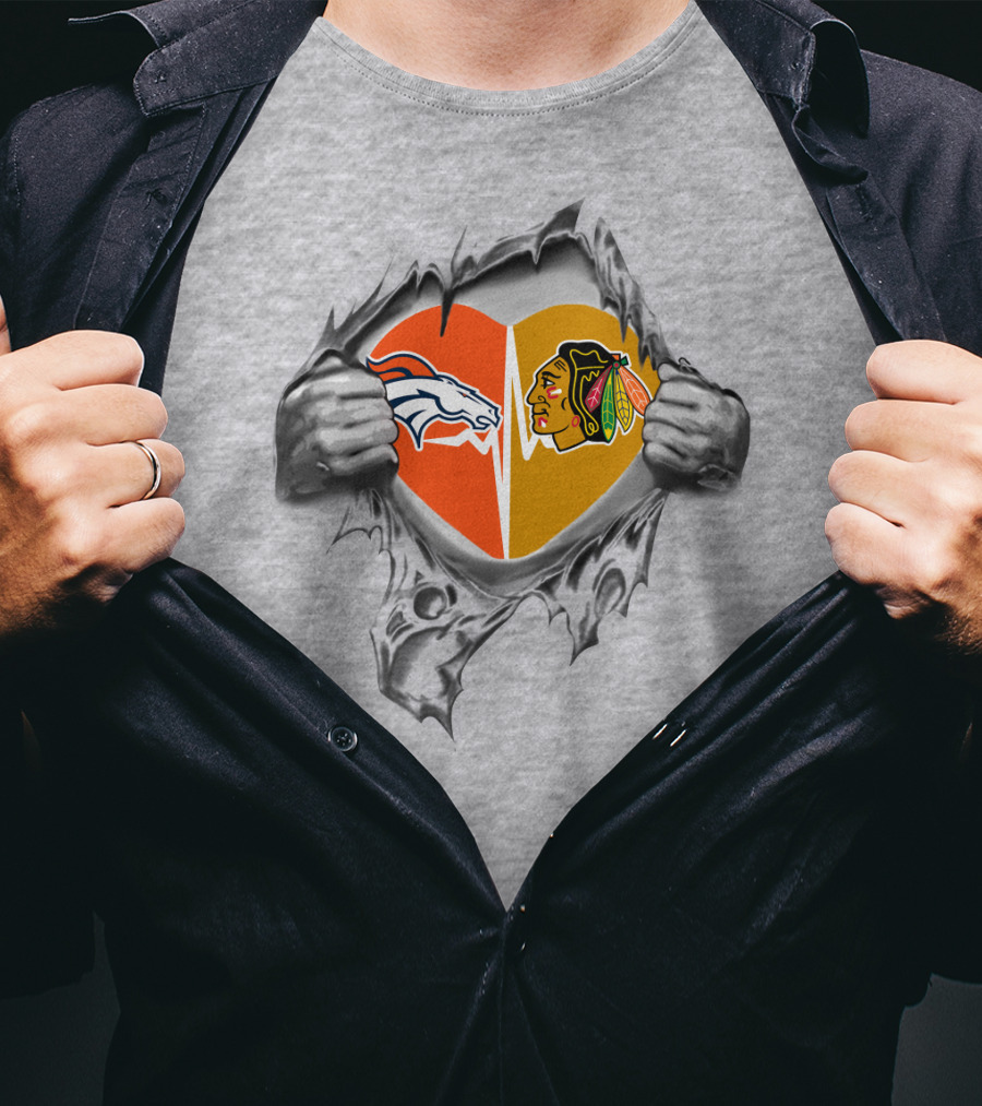Broncos Blackhawks Heart Logos Torn Metal Effect T-Shirt