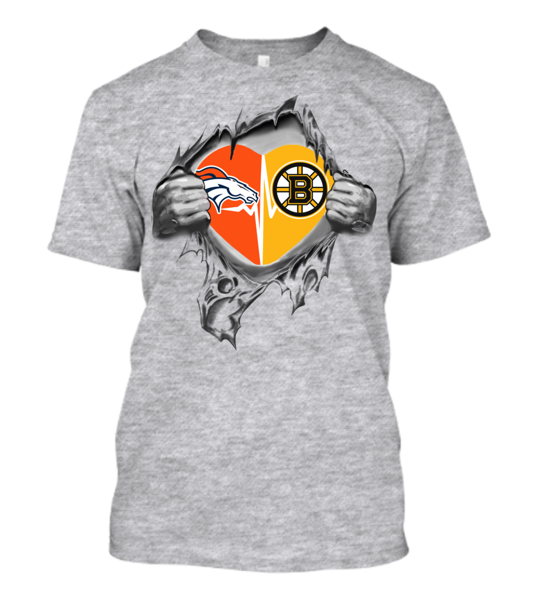 Broncos Bruins Heart Split Symbol Pulled Open T-Shirt