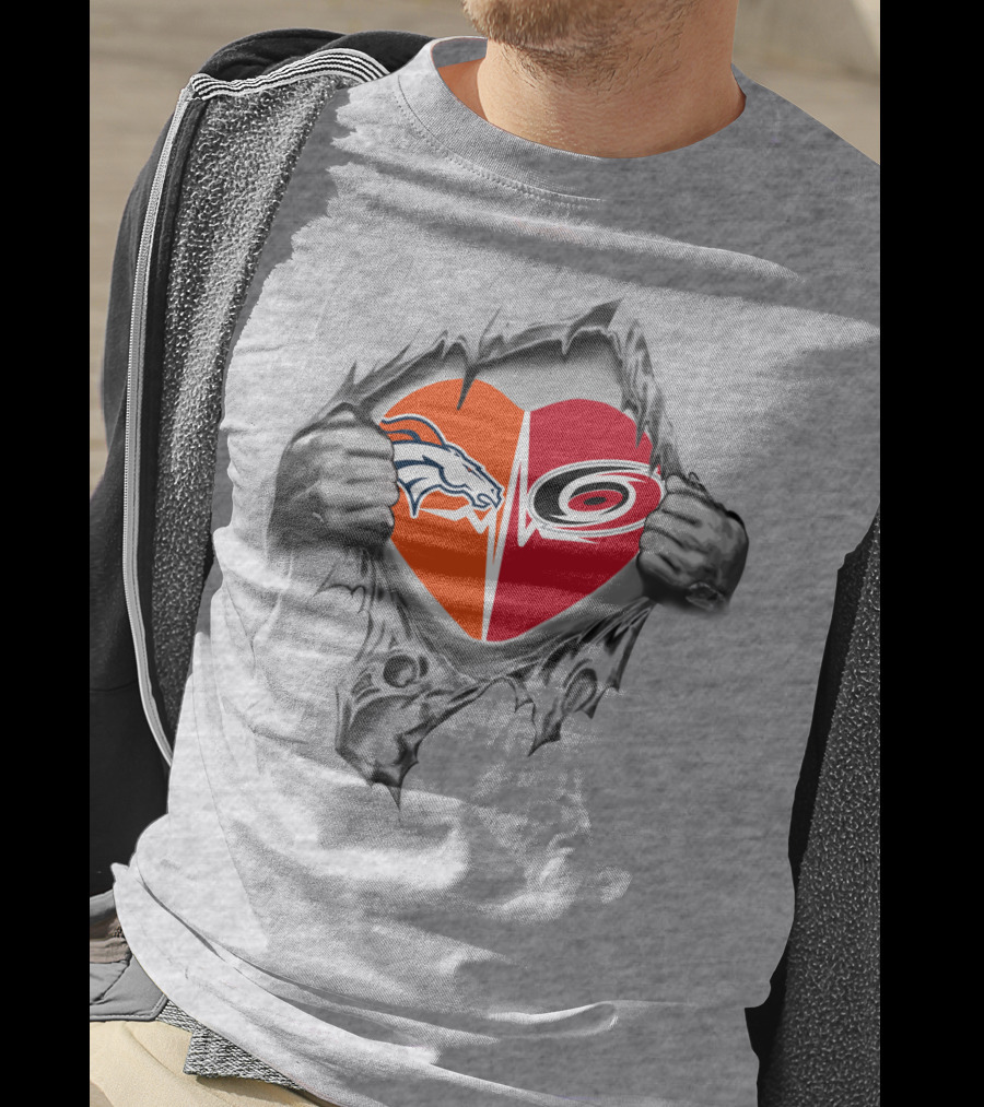Broncos Hurricanes Heart Rip Through Design With Logos T-Shirt