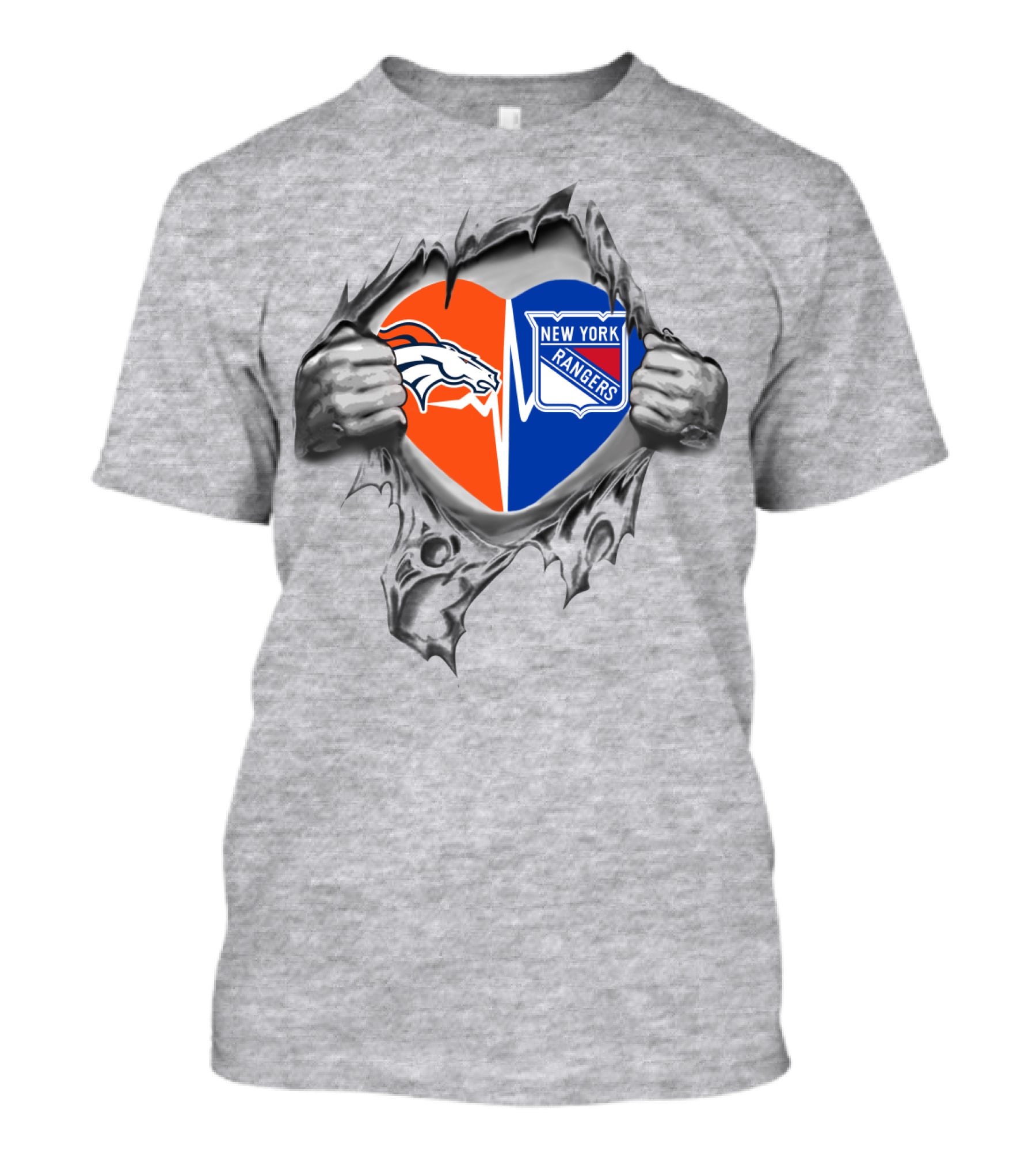 Broncos New York Rangers Heart Inside Tearing Through T-Shirt