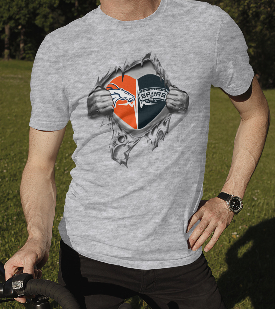 Broncos Spurs Heart Broncos Logo And Spurs Logo In Ripped Open Heart T-Shirt