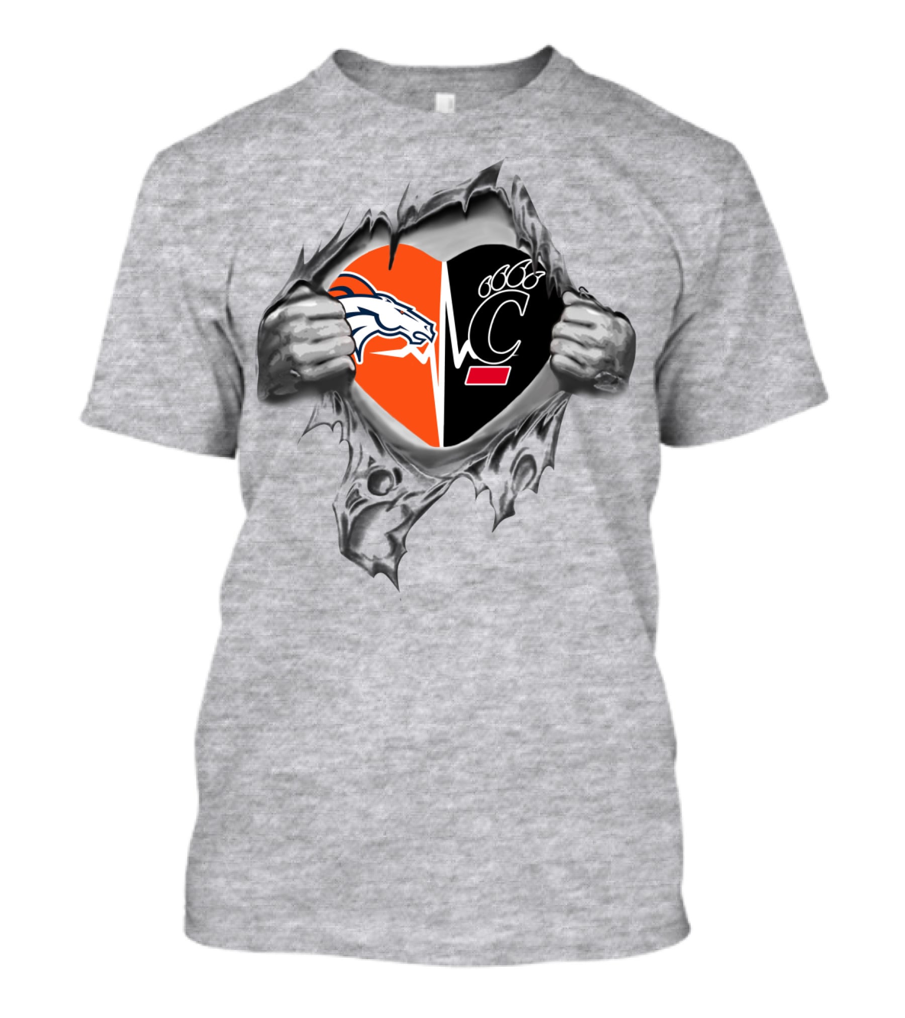 Broncos Bearcats Heart Rip Logo Fusion T-Shirt