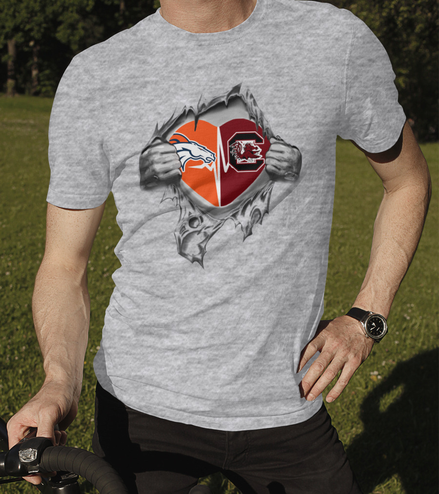 Broncos Gamecocks Heart Rip Logo Blend T-Shirt