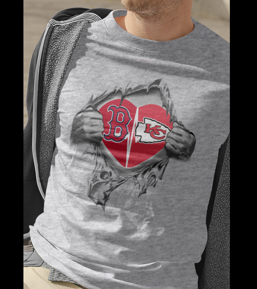 Red Sox And Chiefs Heart Torn Open With B And Kc Logos T-Shirt