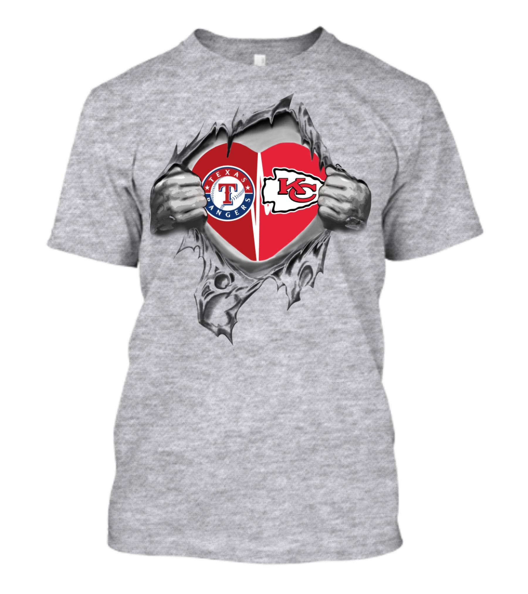 Texas Rangers Kansas City Chiefs Heart Logo Combination T-Shirt