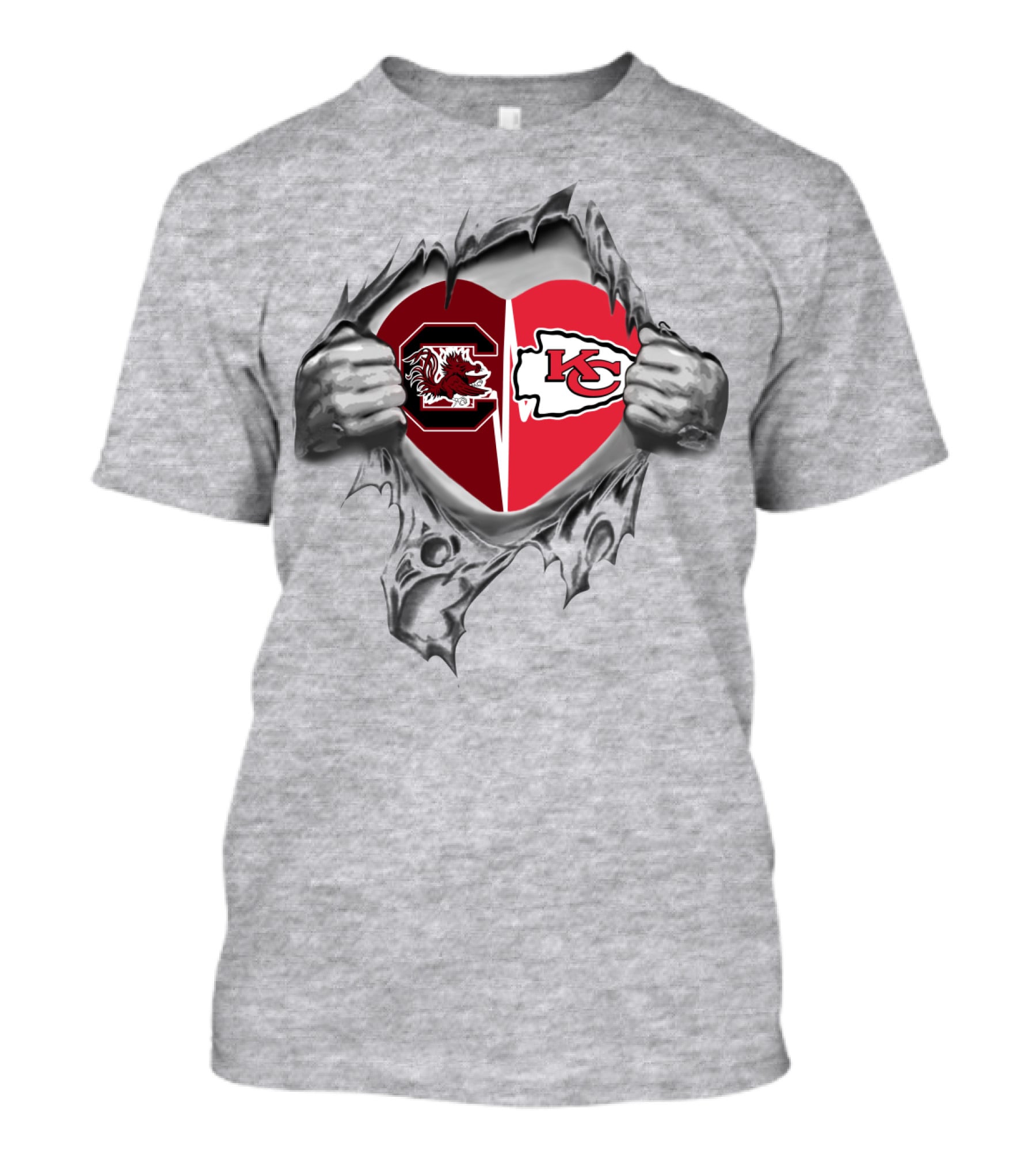 Chiefs And Gamecocks Heart Design Featuring Rival Symbols And Torn Fabric T-Shirt