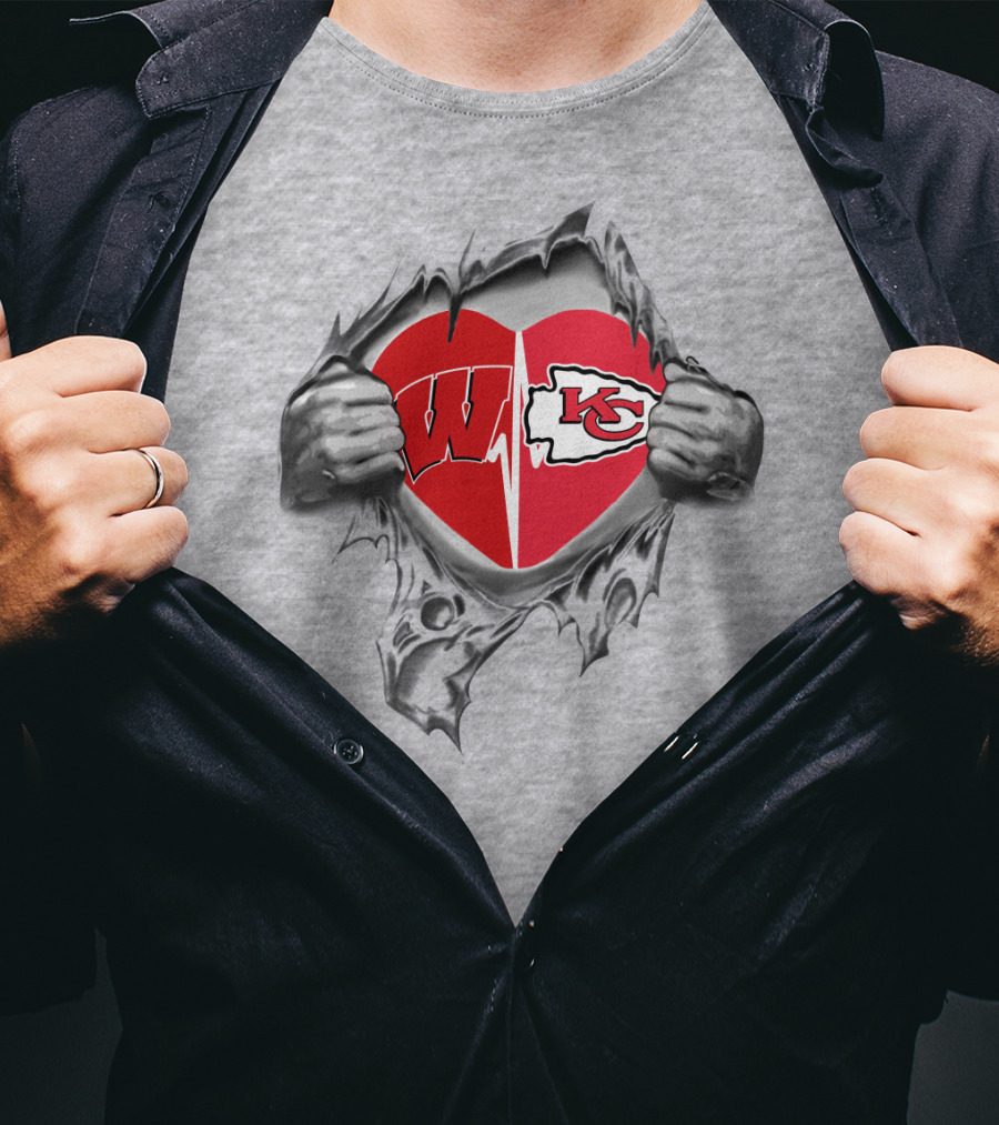 Kansas City Chiefs Wisconsin Badgers Heart Logo Fusion T-Shirt