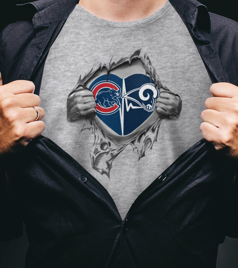 Cubs Rams Heart Logos Torn Hands With Chicago Cubs St. Louis Rams T-Shirt