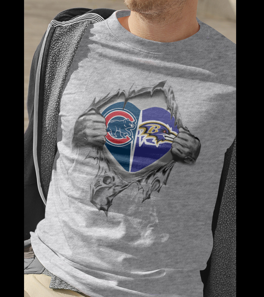 Cubs Ravens Heart Symbol Logo Collaboration Peeling Effect T-Shirt