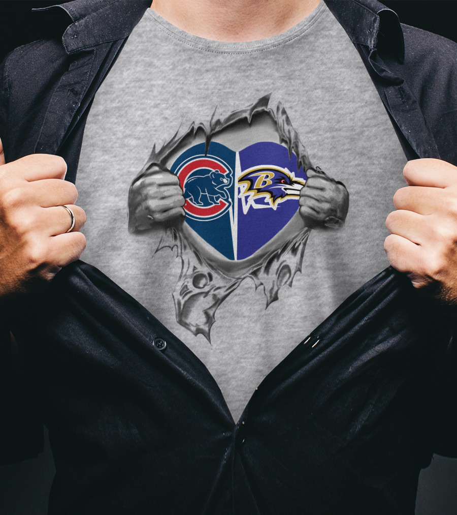 Cubs Ravens Heart Symbol Logo Collaboration Peeling Effect T-Shirt
