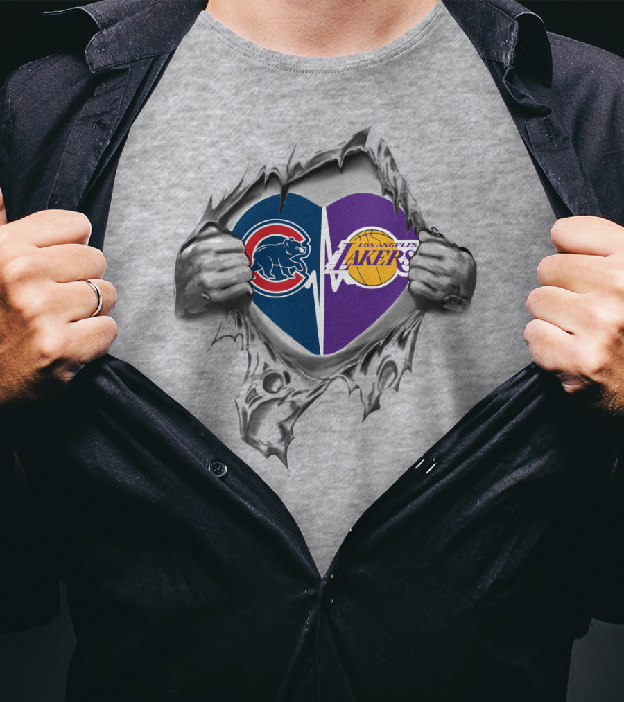 Cubs Lakers Heartbeat Inside Torn T-Shirt