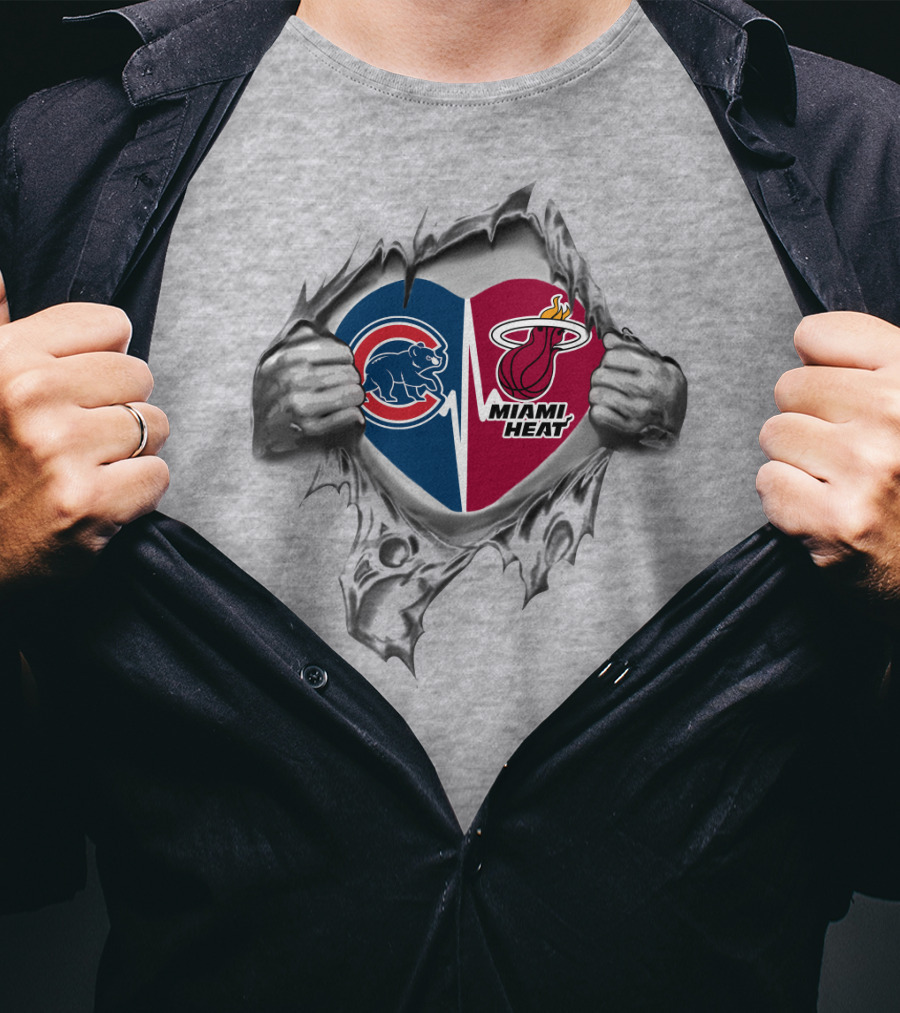 Cubs Miami Heat Heart Hands Tearing Baseball Basketball Fusion T-Shirt
