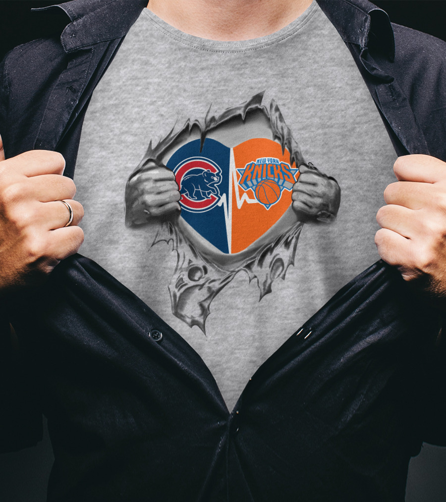 Cubs Knicks Logos Heart Design With Hands Ripping Through Gray Background T-Shirt