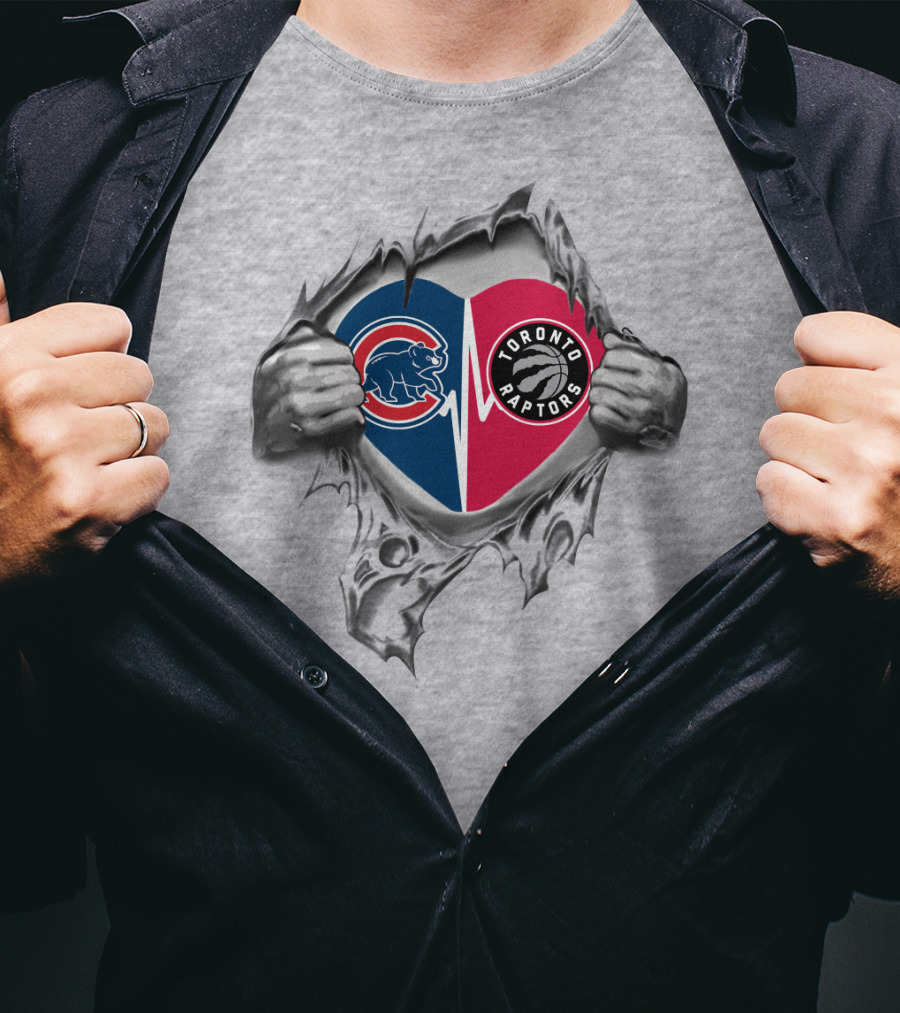 Cubs Raptors Heart Iconic Logos On Torn Background T-Shirt