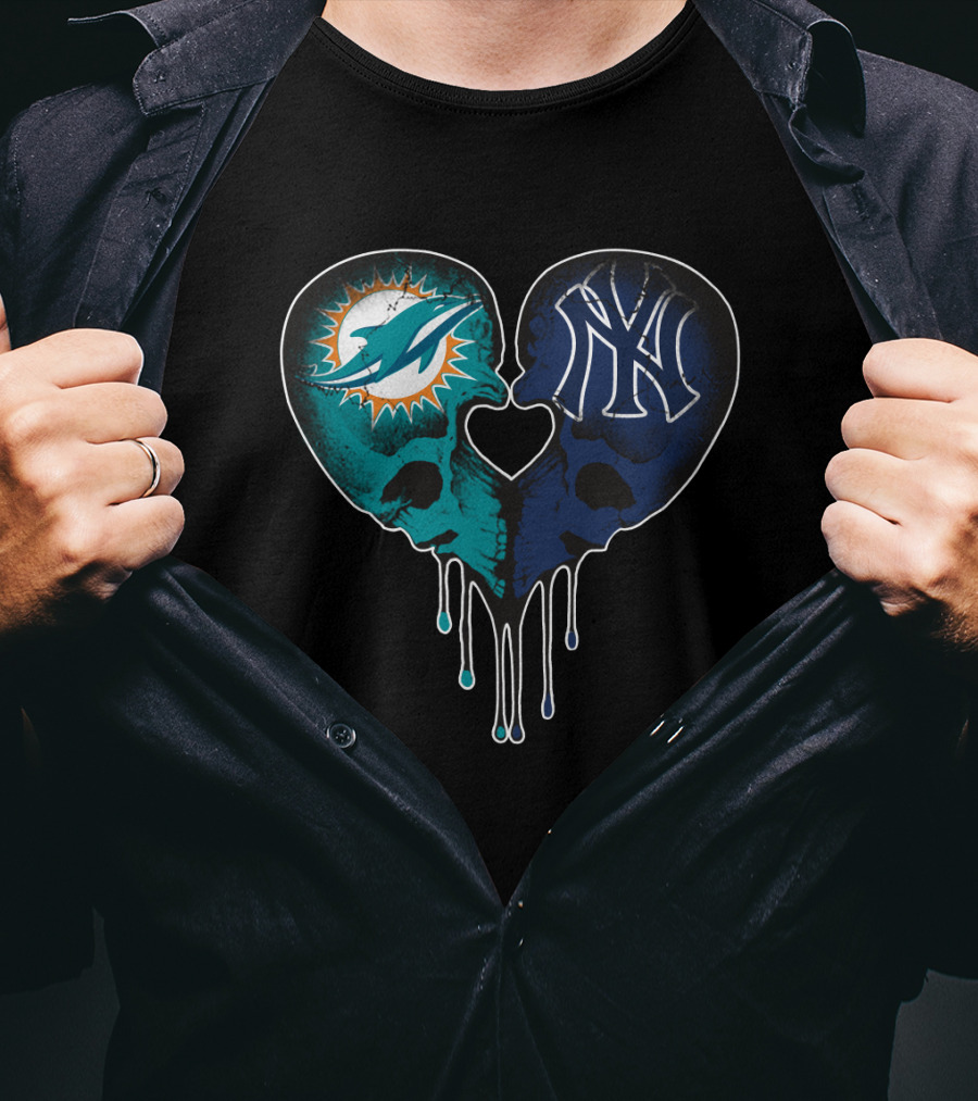 Dolphins Yankees Skull Heart Love T-Shirt