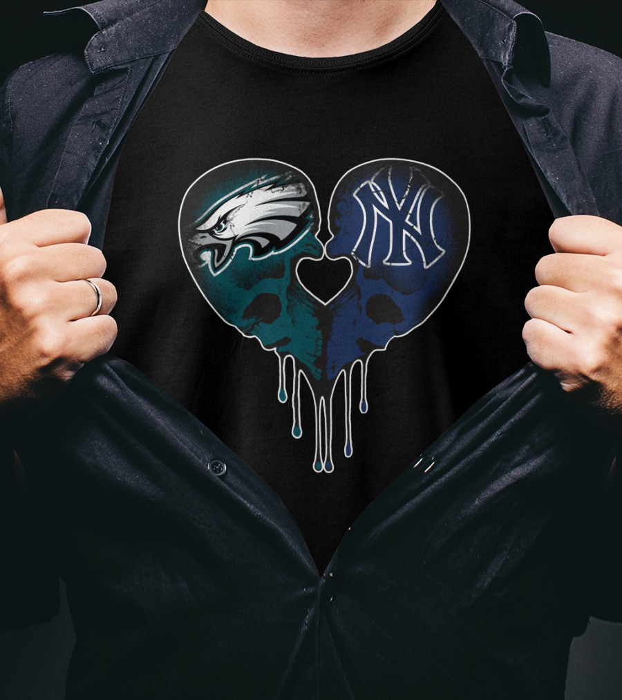 Eagles Yankees Skull Love Heart Drip T-Shirt
