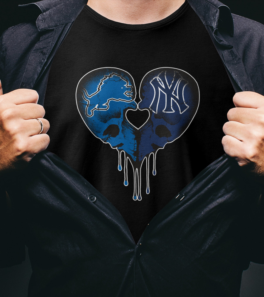 Detroit Lions New York Yankees Skull Heart Fusion T-Shirt