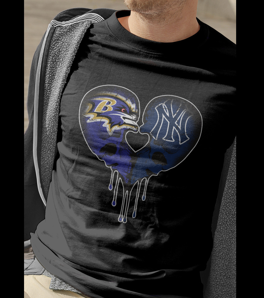 Ravens Yankees Skull Love Heart Dripping T-Shirt