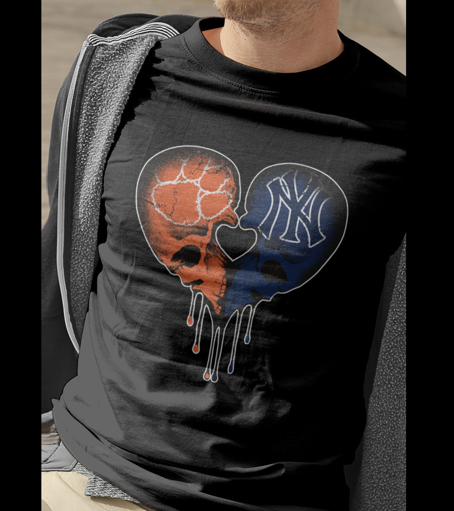 Clemson Tigers Skull And Yankees Skull Heart Love T-Shirt