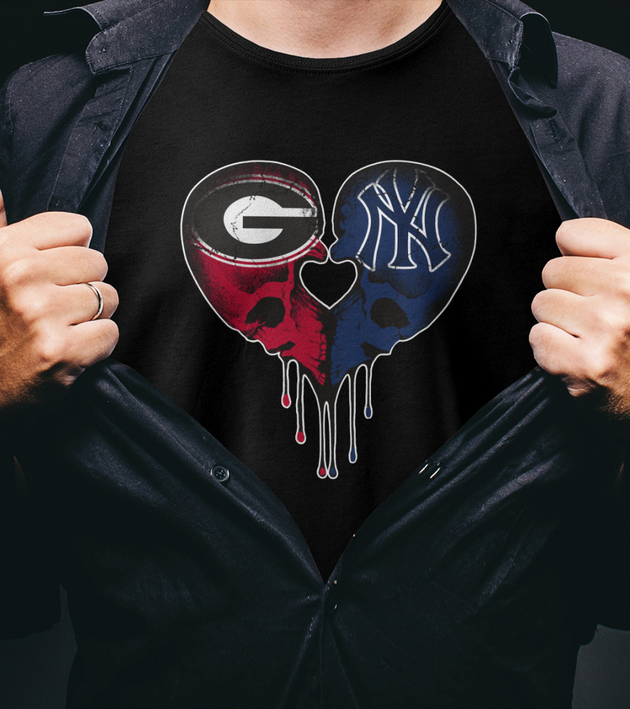 Georgia Bulldogs Yankees Dripping Skull Heart T-Shirt