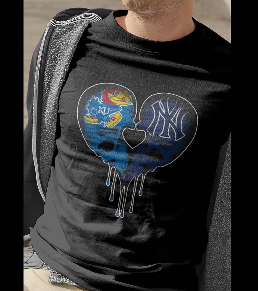 Kansas Jayhawks Yankees Dripping Skull Heart Love T-Shirt
