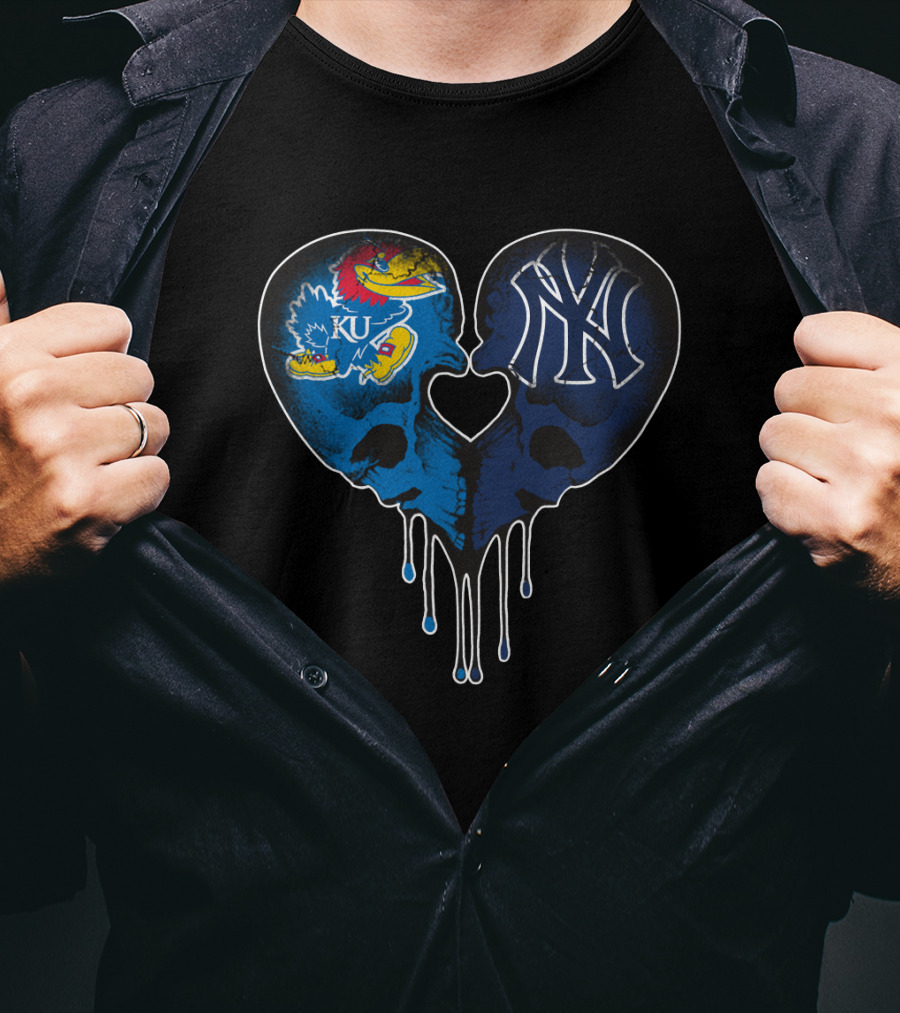Kansas Jayhawks Yankees Dripping Skull Heart Love T-Shirt