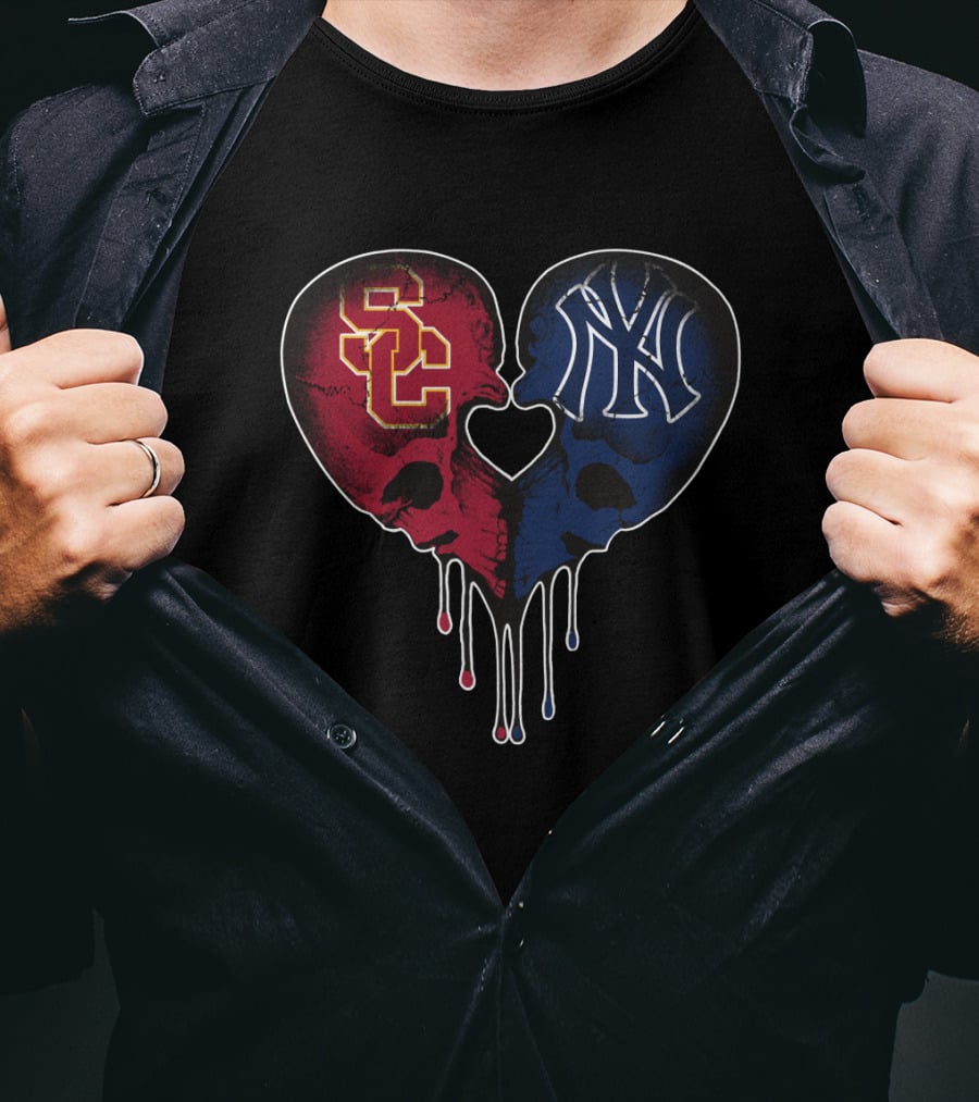 USC Trojans Yankees Skull Heart Drip T-Shirt