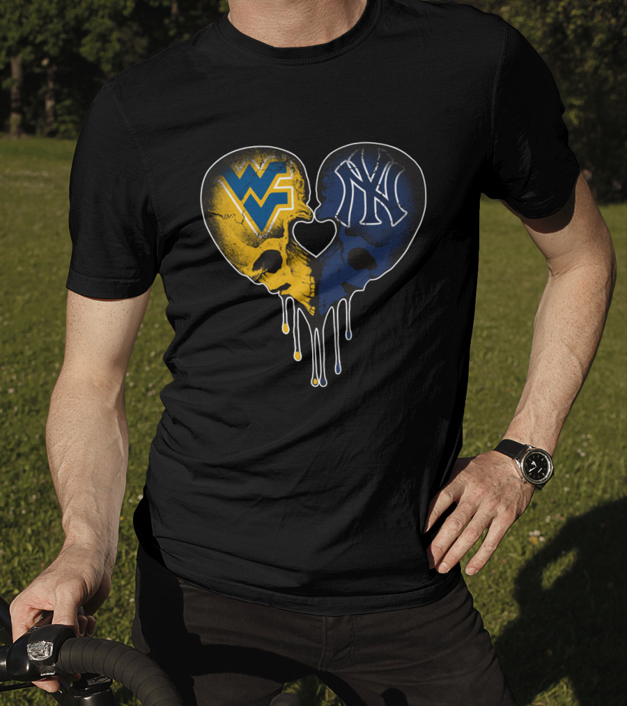 West Virginia Yankees Skull Heart WVU NY Logo Fusion Love T-Shirt