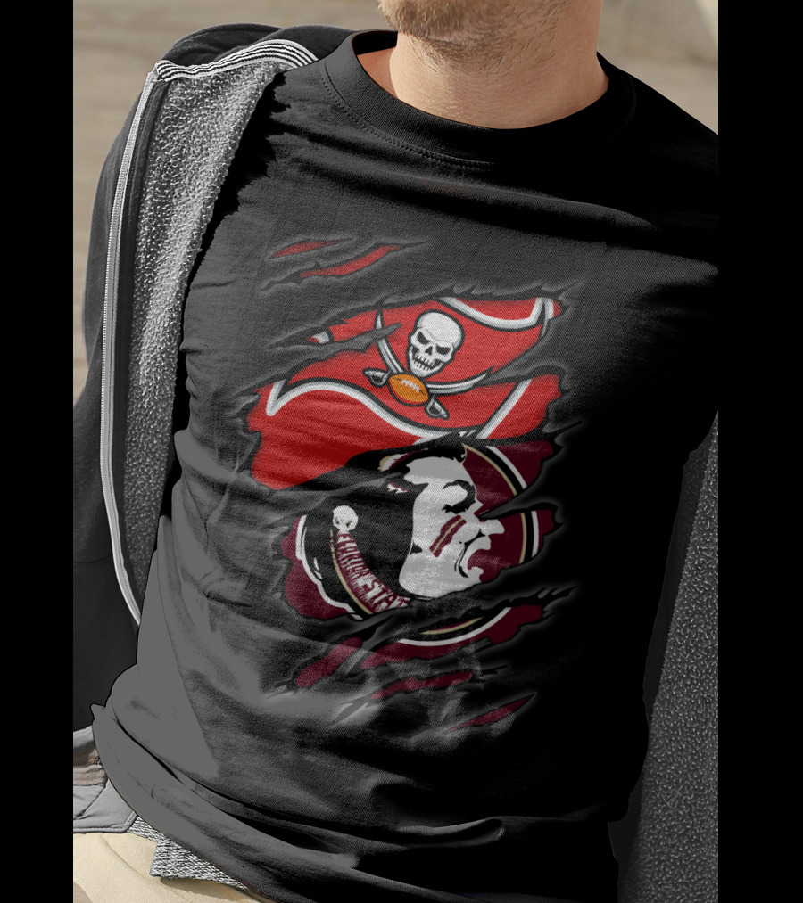 Buccaneers Seminoles Torn Logos Featuring Skull Pirate And Warrior Head T-Shirt