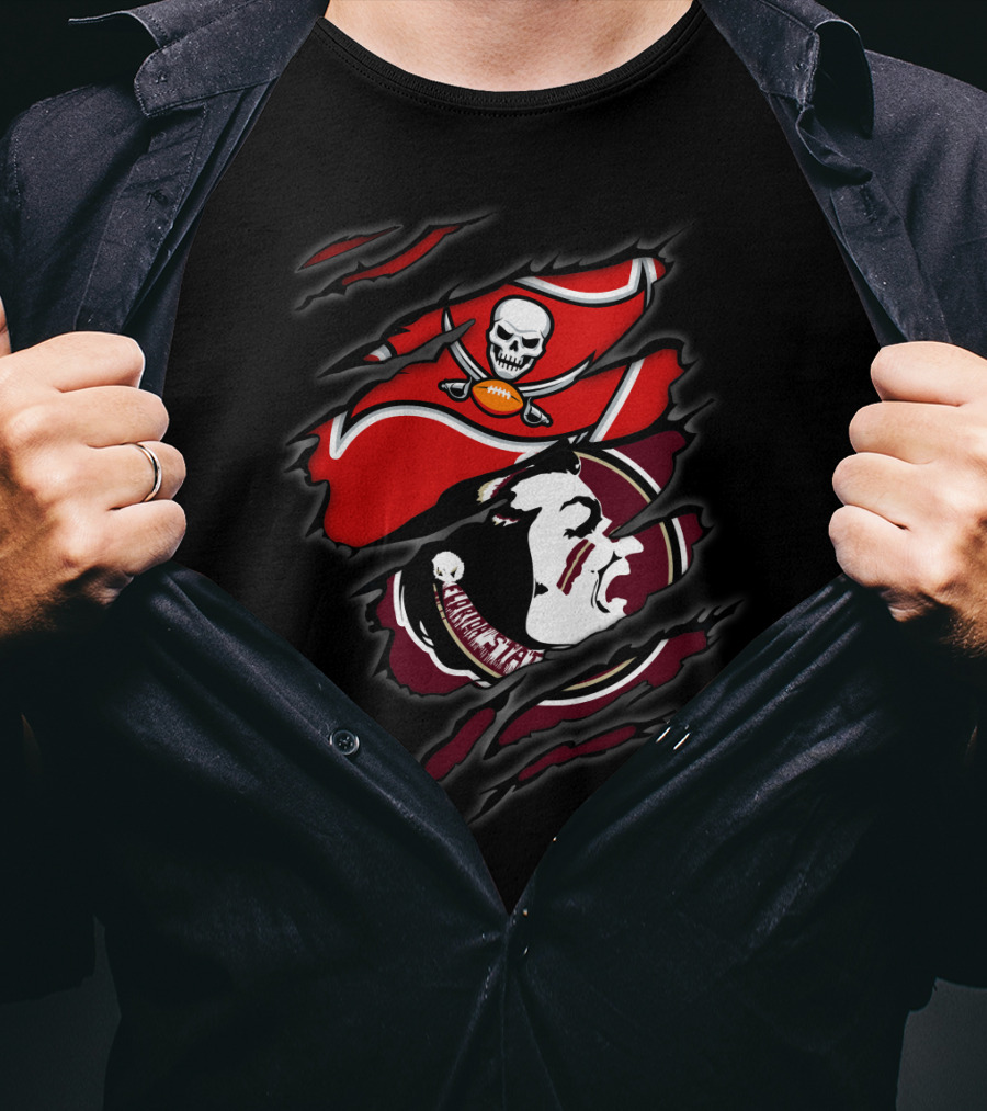 Buccaneers Seminoles Torn Logos Featuring Skull Pirate And Warrior Head T-Shirt