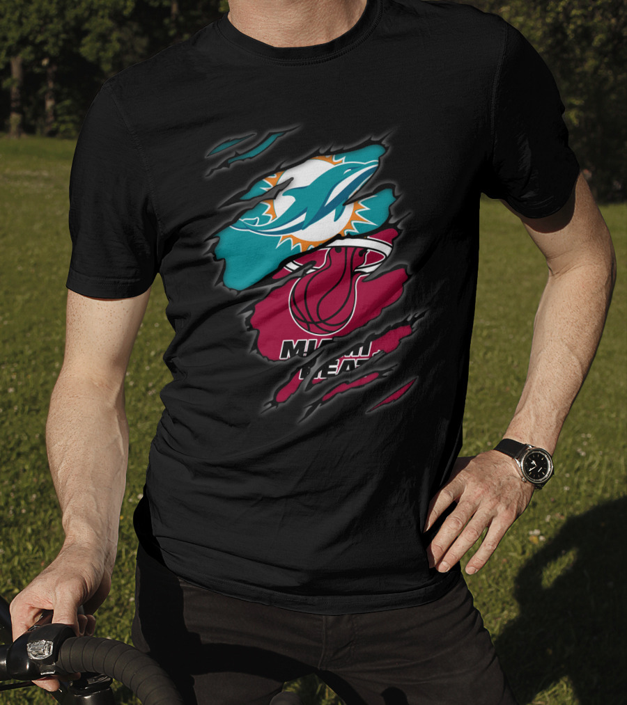 Miami Dolphins Miami Heat Crossover Collaboration Logos T-Shirt