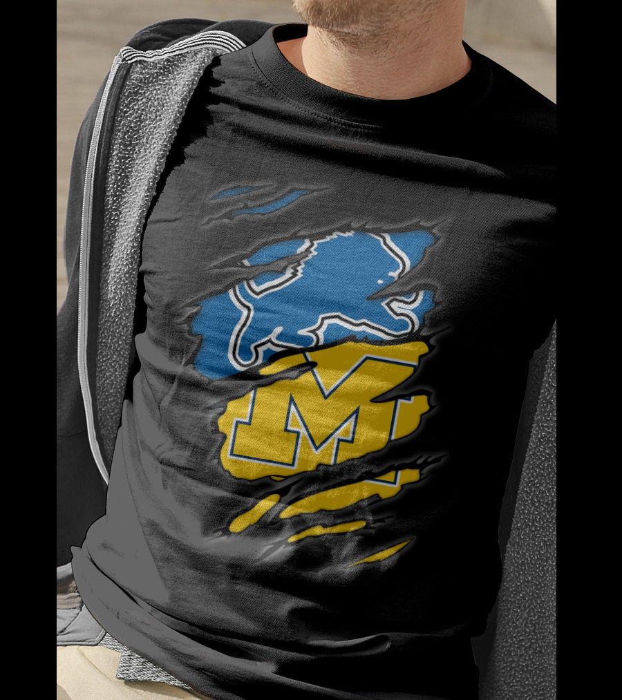 Detroit Lions Michigan Wolverines Football Fan Logo Crossover T-Shirt