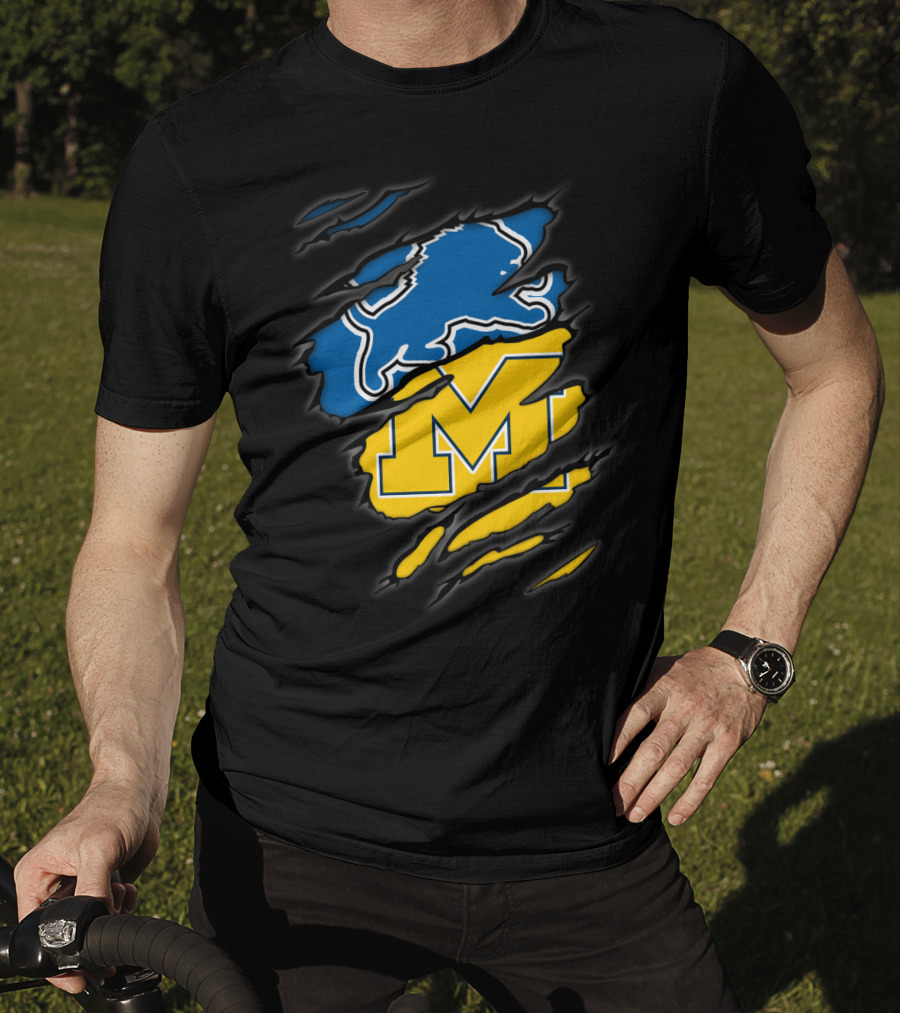 Detroit Lions Michigan Wolverines Football Fan Logo Crossover T-Shirt
